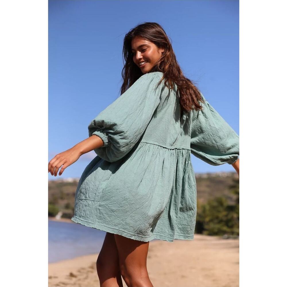 Free People Beach Get Obsessed Babydoll Cotton Seafoam Blue Mini Dress Small